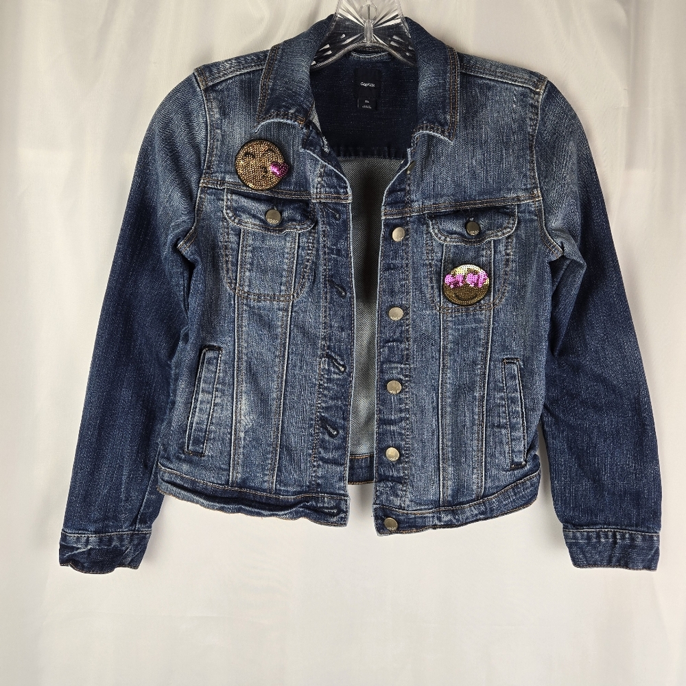 Gap Kids Blue Denim Jean Jacket Girls Size XL With Sequin Emoji Pins
